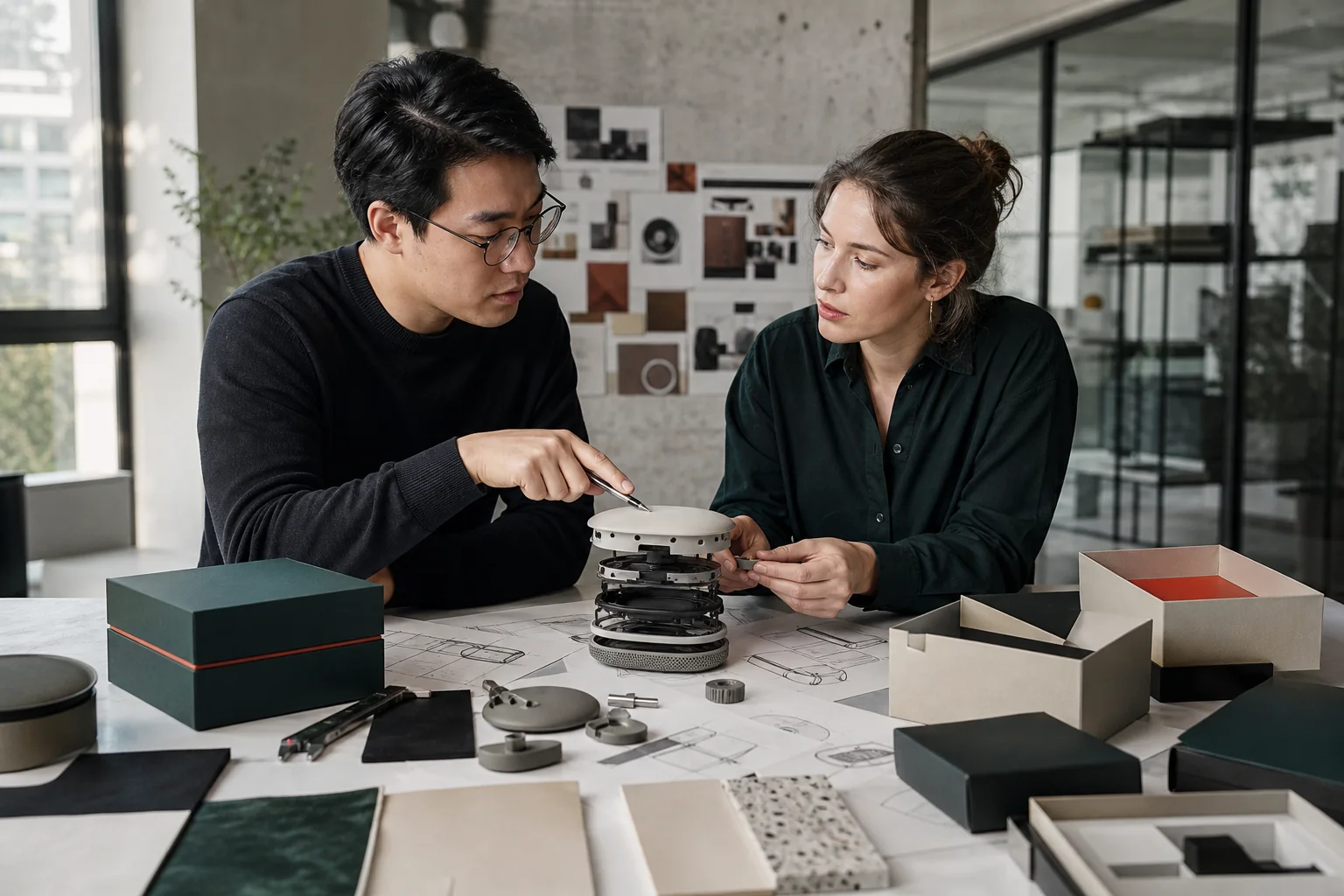A product engineer and designer reviewing a prototype